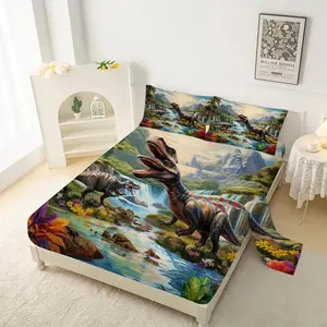 Dinosaur Colorful Full Dino Bedding Set for Boys Microfiber with 1 Fitted Sheet, 1 Flat Sheet & 2 Pillowcases - Easy Care Dinosaur Printed Sheets