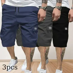 Pack of 3 men’s summer lightweight cargo shorts with four pockets, featuring a multi-pocket design and faux leather pocket decorations on the side. Loose fit, durable and wrinkle-resistant—ideal for everyday wear, street style, skateboarding, and camping