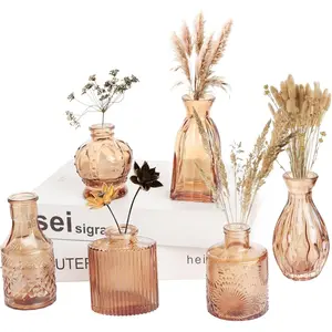 Glass Vase Set of 6 Small Amber Glass Bud Vases, Mini Vintage Flower Vases for Wedding Centerpieces & Table Décor, Champagne Vases in Bulk for Single Stem, Home and Office Decor