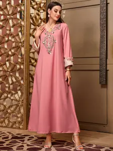 Elegant Embroidered Evening Gown Formal Wear, Elegant Party Dress, Classy Modest Dresses, V-Neck Long Fitted Dress with Handmade Rhinestone Collar & Floral Embroidery, Perfect for Banquets, Formal Elegant Fashion, Womenswear