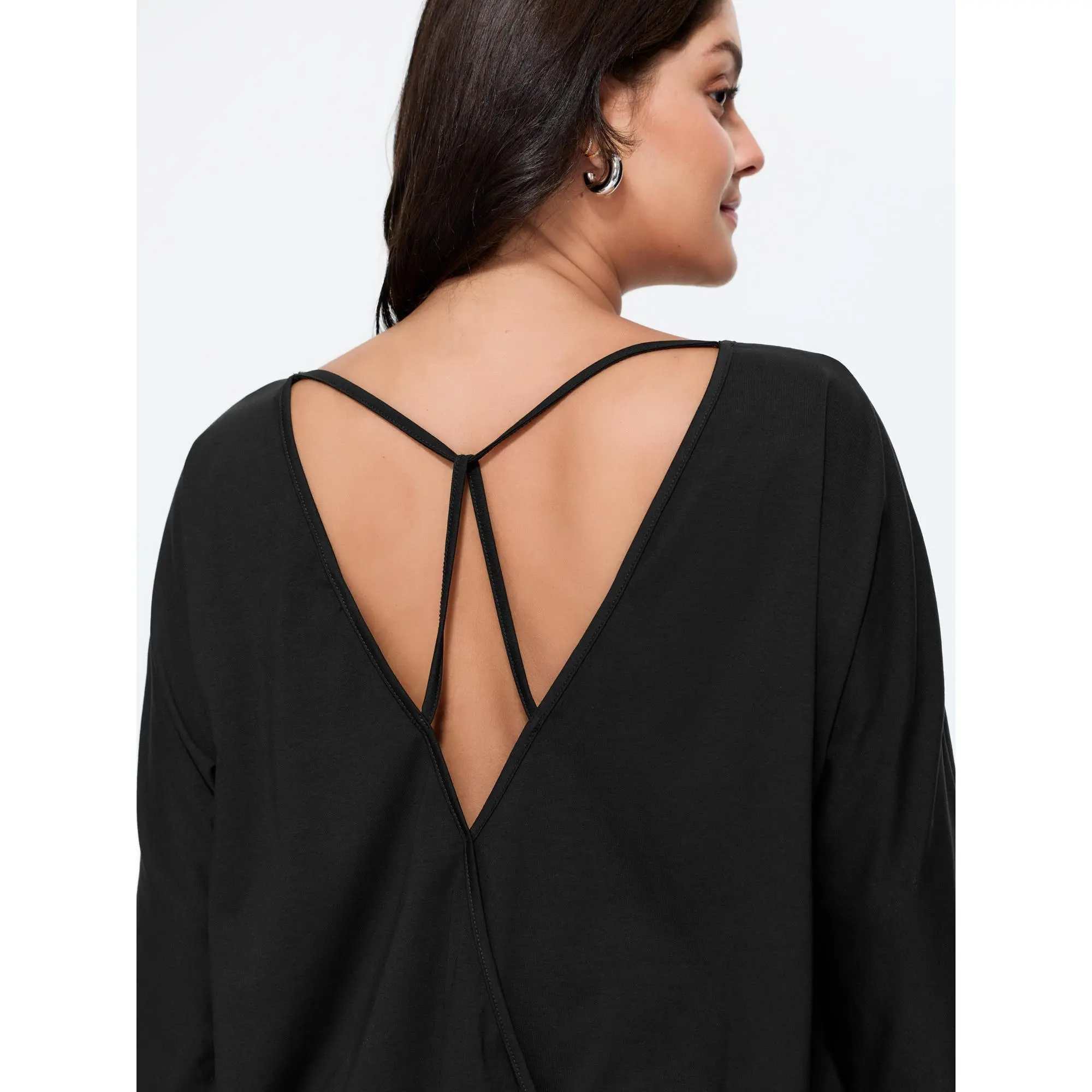 BloomChic Plus Size Casual Solid Cotton T-Shirt with Loose-Fitting 3/4 Dolman Sleeves, Wrap Front, and Back Cut-Out Detail, 3/4 Sleeve, Machine Washable, Low Iron, Color-Sorted Wash, Simple Look, Regular, Plain, Basic, Fabric, Top, Women