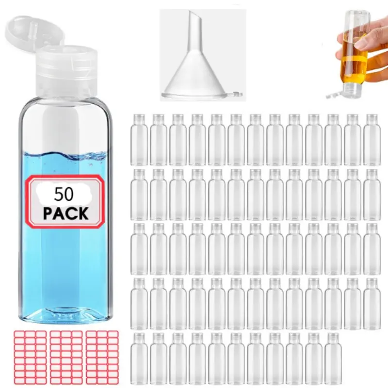 50 Pack 3.4 oz Plastic Bottles Travel Lotion Bottle Squeeze Container Plastic Bottles with Caps Small Travel Empty Refillable Toiletry Containers for Liquid Lotion Creams with 1 Funnels(Clear)