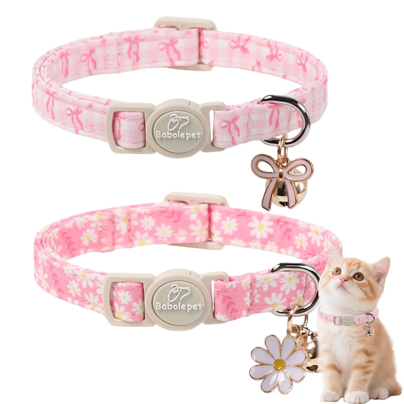 Babole Pet Pink Cat Collars 2 Pack – Spring Summer Breakaway Safety Collars with Bell, Bow & Flower Charm, Adjustable Cute Plaid & Bow for Girl Cats and Kittens