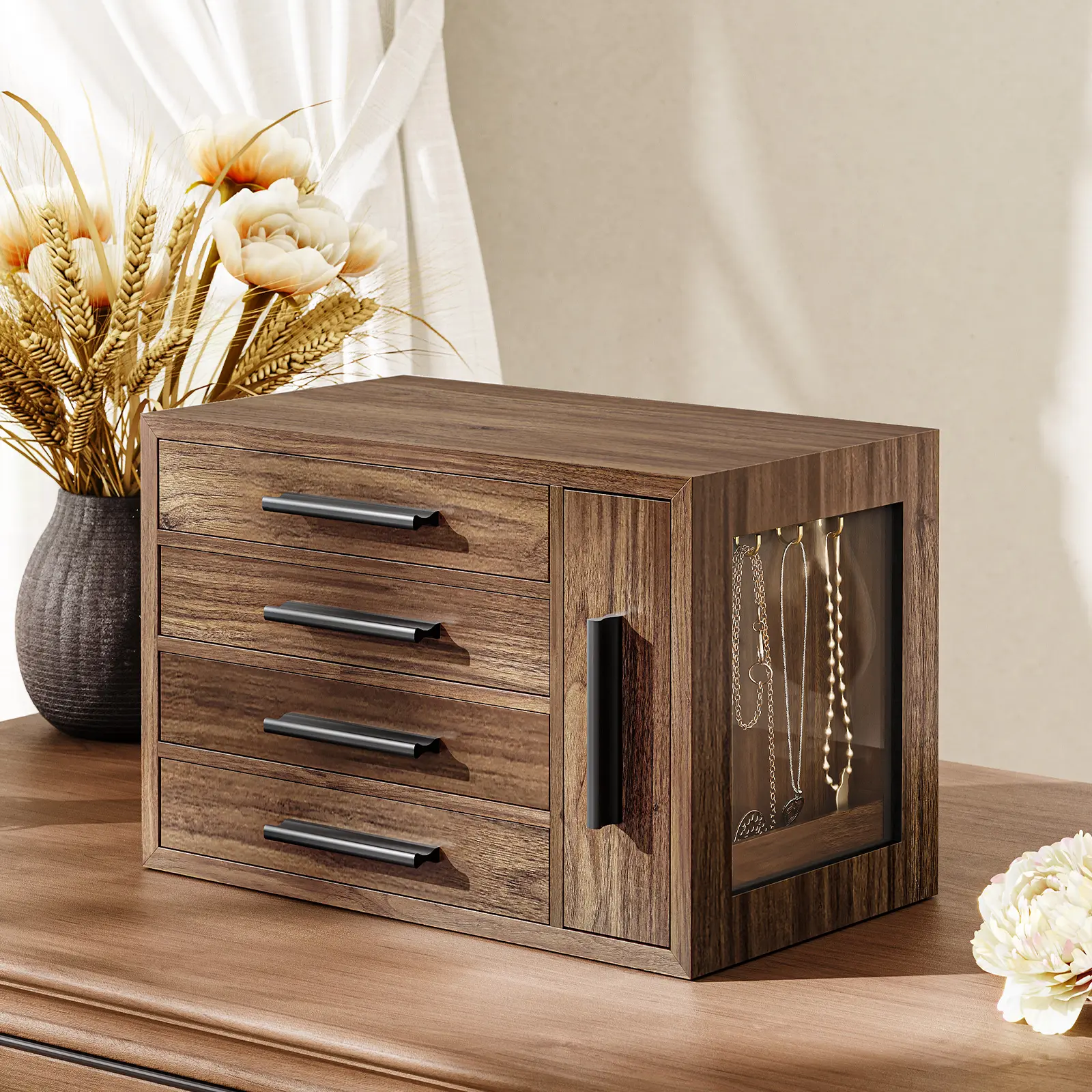 HOOBRO Jewelry Box, Wooden Jewelry Organizer with Transparent Window, 4-Layer Jewelry Organizer Box, Jewelry Holder Organizer for Earrings, Necklaces, Rings, #dealforyou