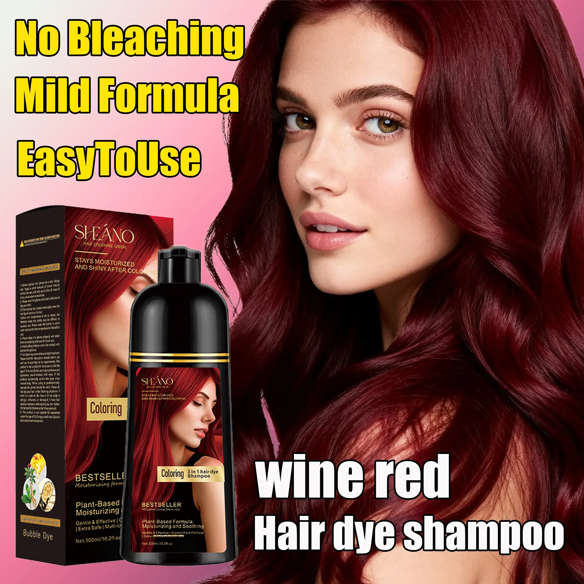 3-in-1 Hair Dye Shampoo, Ammonia Free Herbal Coloring Shampoo, Ginseng Extract Nourishing, Natural Permanent Hair Color, Effective Gray Hair Coverage, Black Hair Dye for Men Women