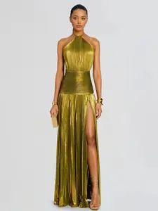 LikeMyChoice Metallic Olive Gold Pleated Halter Maxi Dress High Slit Formal Evening Gown for Women Sleeveless Floor-Length Maxi with Tie Closure - Fabric, Fit