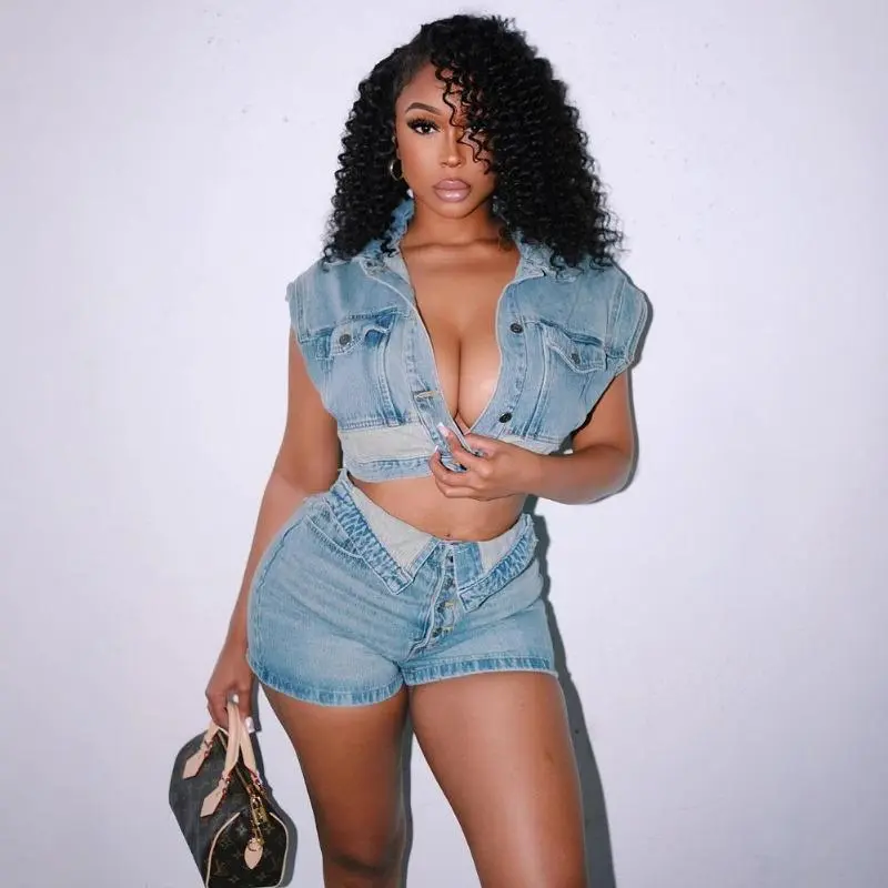 new 2025 fashion casual elastic denim color matching slim hip shorts set Clothes Womenswear