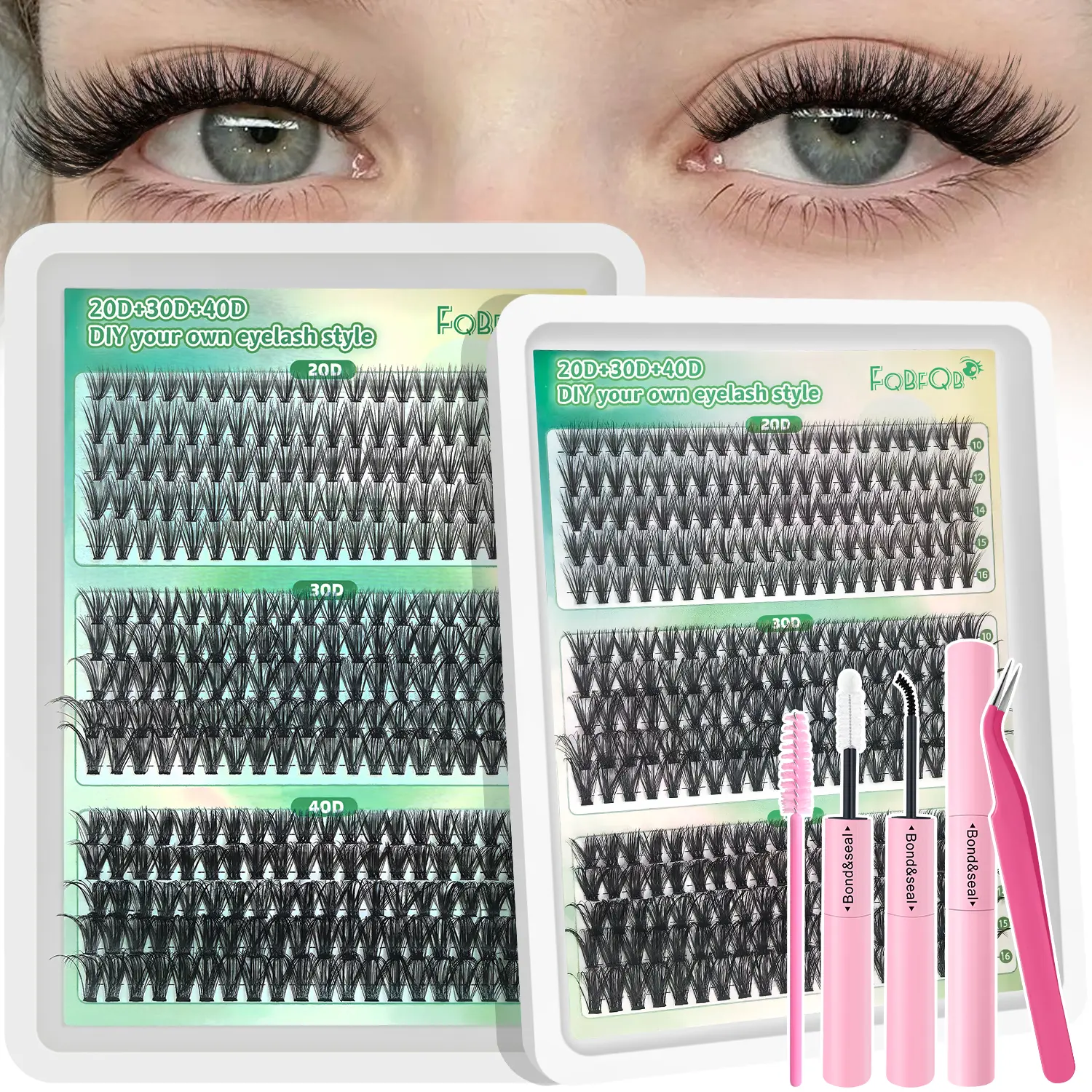 300PCS C/D Curl Cluster Eyelashes Kit - 10-16mm 20D-30D-40D Individual Strands, Waterproof Gentle Lightweight Glue & Tweezers, Mixed Cat/Doll Eye Reusable for Daily Natural DIY Eyelash Clusters; Kit Includes All Essentials for Beauty Makeup Looks