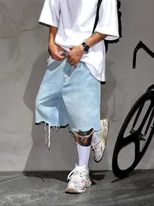 Men's Solid Color Denim Shorts, Distressed Jean Shorts, Loose Casual Fashion Comfy Shorts for Daily Outdoor Wear, Minimalist Mens Bottoms, Cotton, Womenswear, Casual Pocket Shorts, Raw Hem Casual Relaxed Breathable Pocket Shorts, Denim Bermuda Shorts