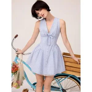 Cider Gingham V-neck Lace Panel Bowknot Babydoll Mini Dress SwimWeek