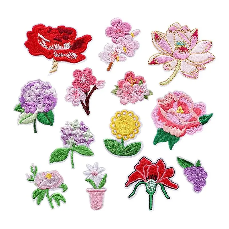 13 PCS Iron on Patches Flower Appliques Stickers, Flower Basket Embroidery Decorative Patches Applique Sew on Patches
