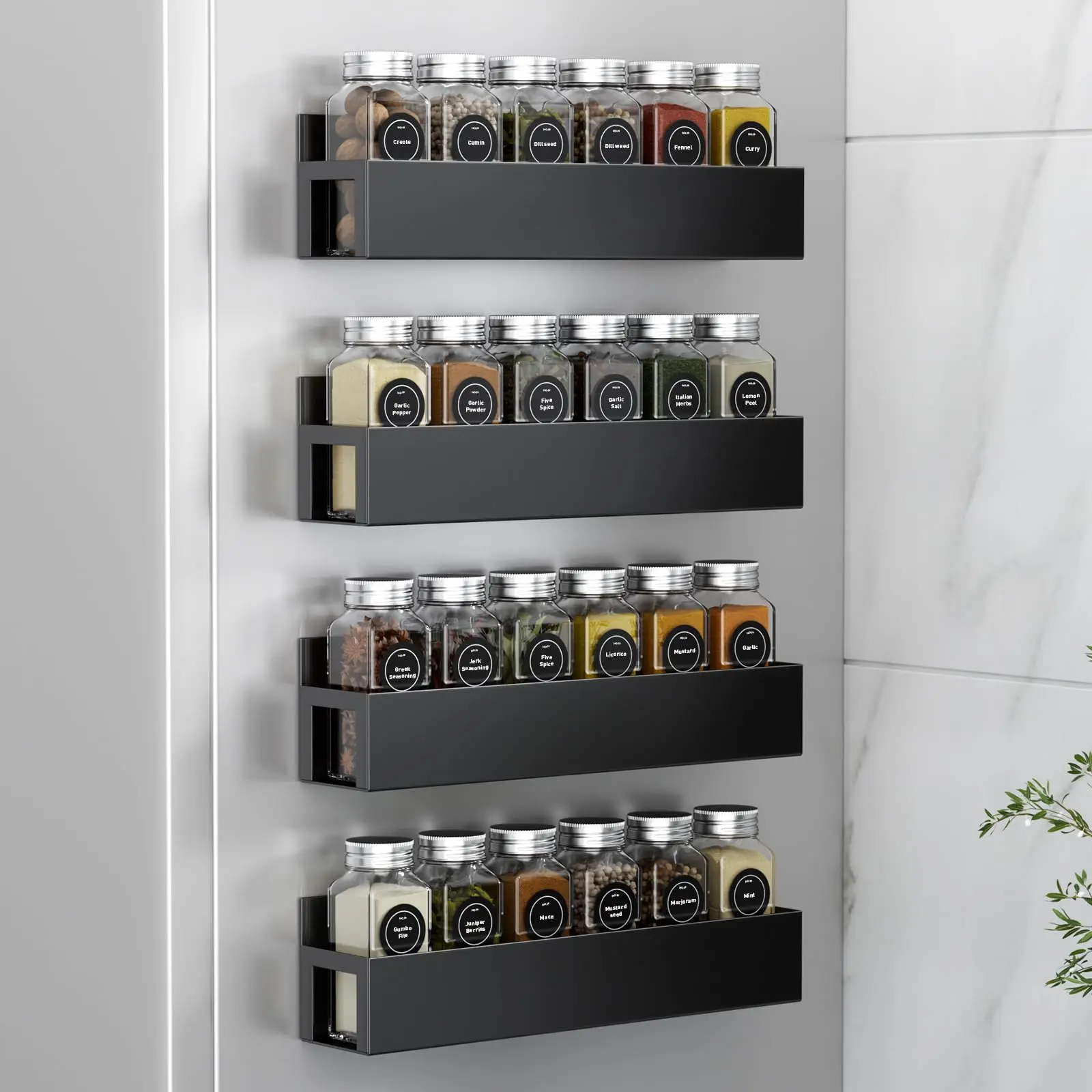 4 Pack Magnetic Spice Rack Organizer with Hooks for Refrigerator and Oven, Black Spice Seasoning Rack Fridge Organizers and Storage for Kitchen