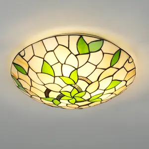 Aeyee Vintage Stained Glass Ceiling Light, 15.75" Dome Shaped Flush Mount Ceiling Light, Retro Ceiling Lamp for Living Room Bedroom