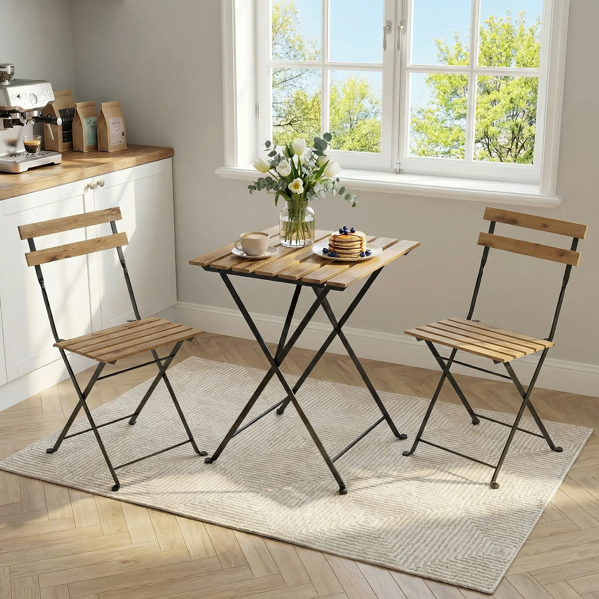 GARVEE Space-Saving 3-Piece Folding Patio Bistro Set – Outdoor Metal Table and Chairs for 2 – Weather-Resistant, Ideal for Balcony, Garden or Porch – Natural Wood Finish