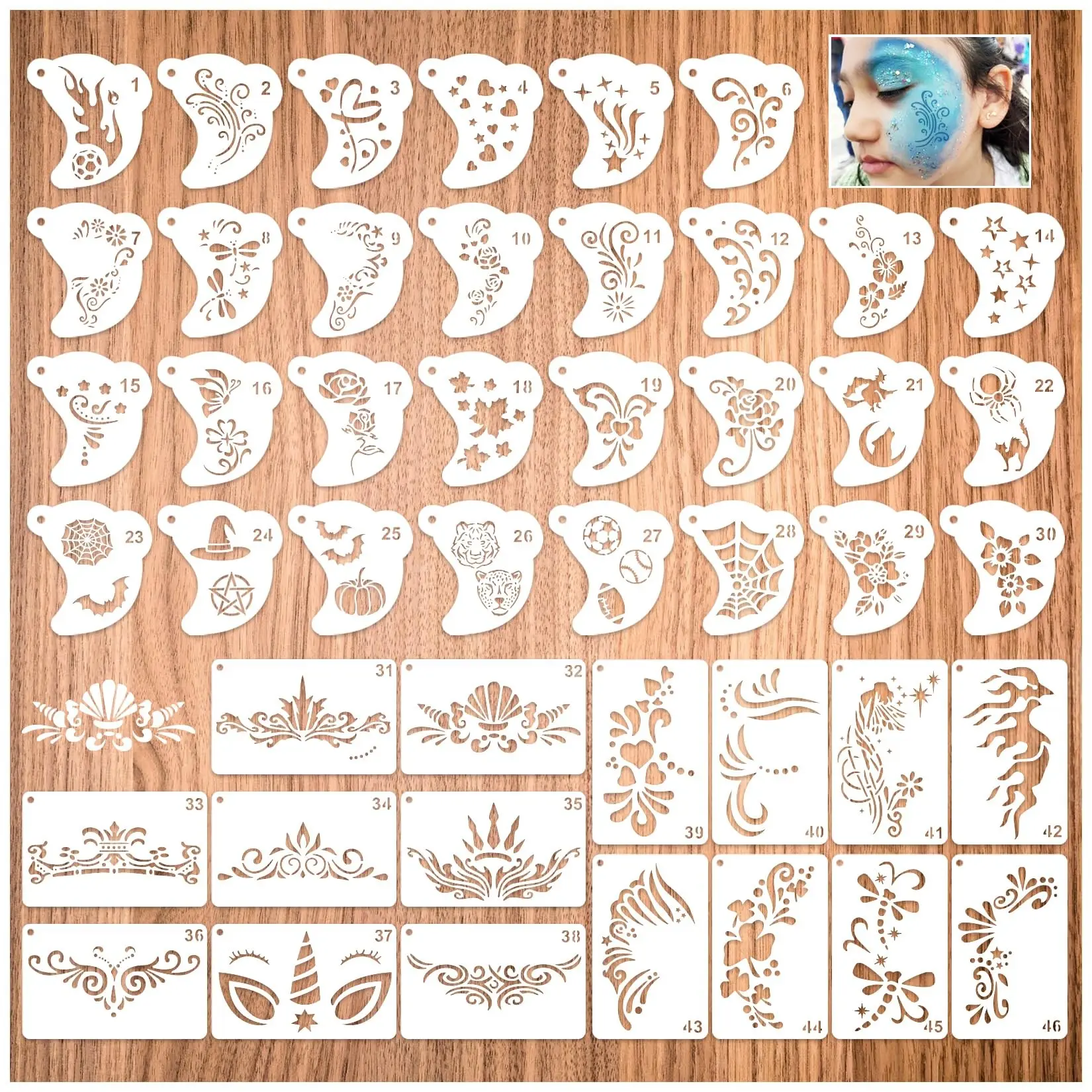46pcs Reusable Halloween Face Painting Templates Designs, Body Art Stencils, Makeup Face Paints, Party Art Supplies, Creative DIY Accessories