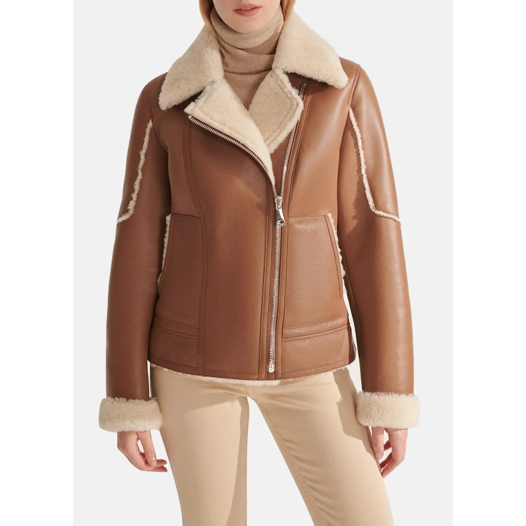 Womens TAN Sports Shearling Leather Jacket