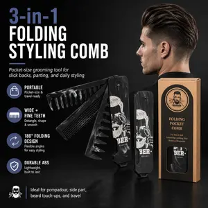3-in-1 Folding Pocket Comb for Men, Portable ABS Wide & Fine Tooth Styling Comb with Parting Tool, Black Travel Grooming Comb for Slick Back, Pompadour, Beard & Daily Hair Styling