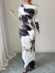 Elegant Off-Shoulder Bodycon Dress, All over Print Long Sleeve Evening Party Dress, Perfect for Dates & Gatherings, New Arrival Fashion Womenswear