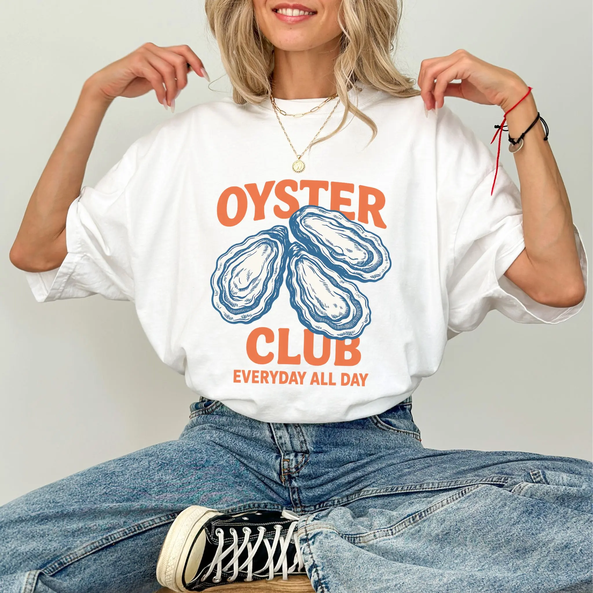 Oyster Club Tee – Funny Seafood Graphic Shirt, Vintage Everyday All Day Oyster Lover Top for Women and Men, Cute Foodie T-Shirt