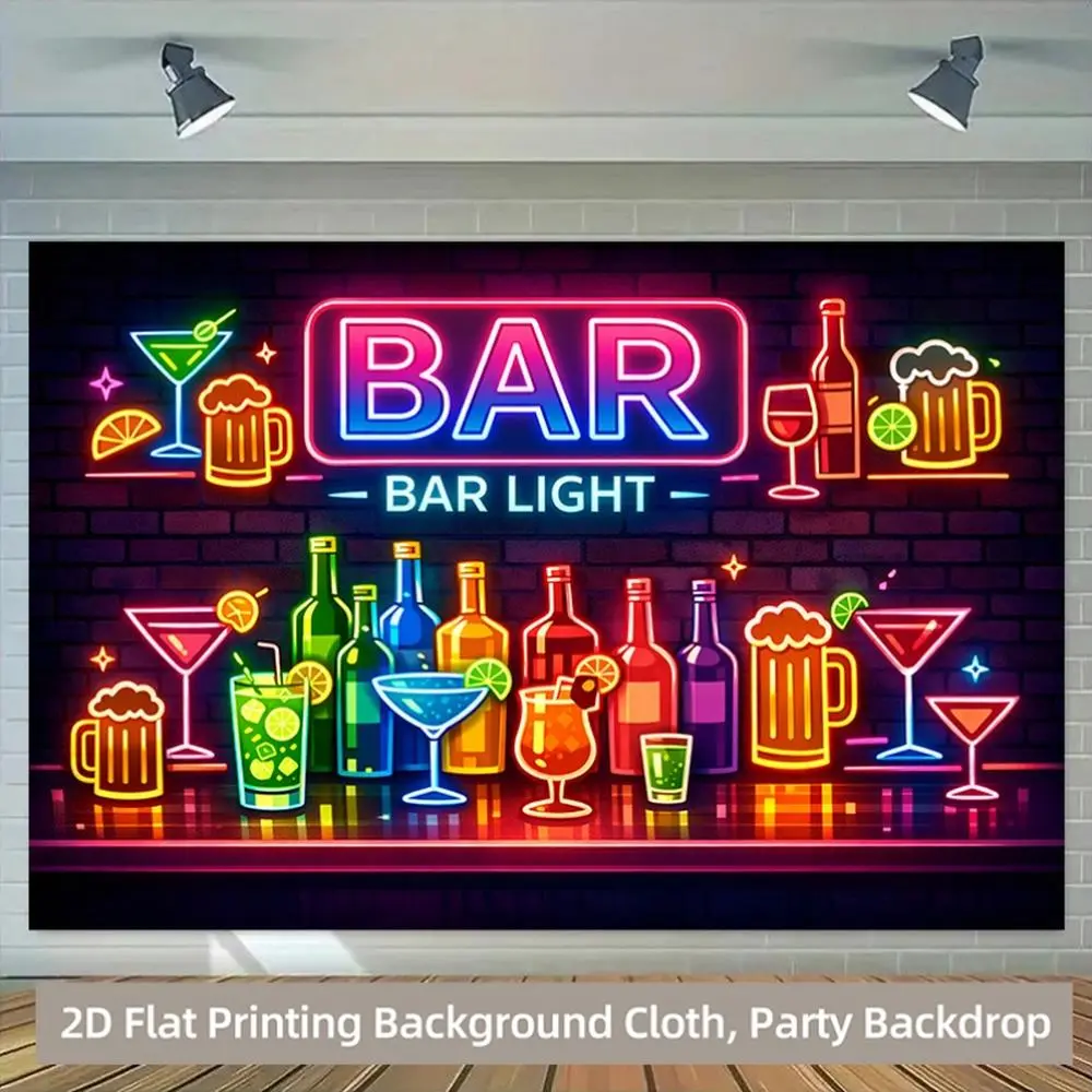 2D Flat Printing Polyester Photography Backdrop - HD Digital Prints, Neon Bar Light Sign Pattern with Colorful Cocktail Bottles & Glasses on Brick Wall, Soft Lightweight Foldable Decor for Party, Photo Booth, Birthday Decor, Decorative Festive Backdrops &