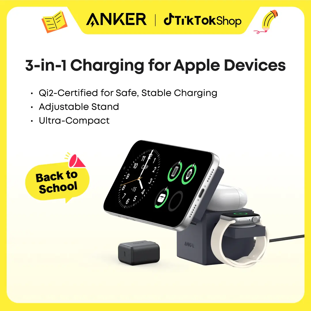 Anker 3-in-1 MagSafe Charger Stand, Foldable, 15W Fast Charging for iPhone 17 / 16 / 15 / 14 Series, Apple Watch, and AirPods (Charger and Interchangeable Plugs Included) sohochic