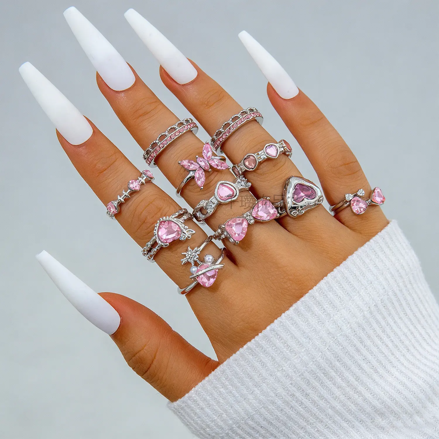 Pink Crystal Rings Set Silver Butterfly Heart Stackable Rings Coquette Aesthetic Jewelry Y2K Girls School Dorm Party Birthday Gift Idea
