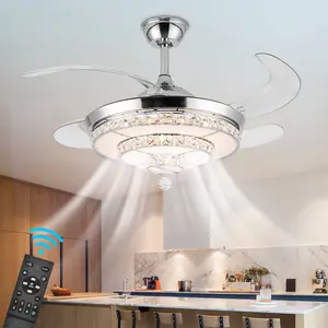 Crystal Chandelier Ceiling Fans with Light,42Inch LED Stepless Dimmable Crystal Fandelier,Remote Control Retractable Invisible Blades 6 Speeds Indoor Fandelier for Living Room Bedroom