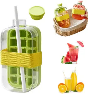 Upgraded 2 In 1 Ice Cube Bottle, 800ML(27.05oz) Dual-Seal Superior Leak Proof Easy Press Ice Tray Water Bottle with Straw No Bandage Design for Freezer Travel Gym Home,summervibes