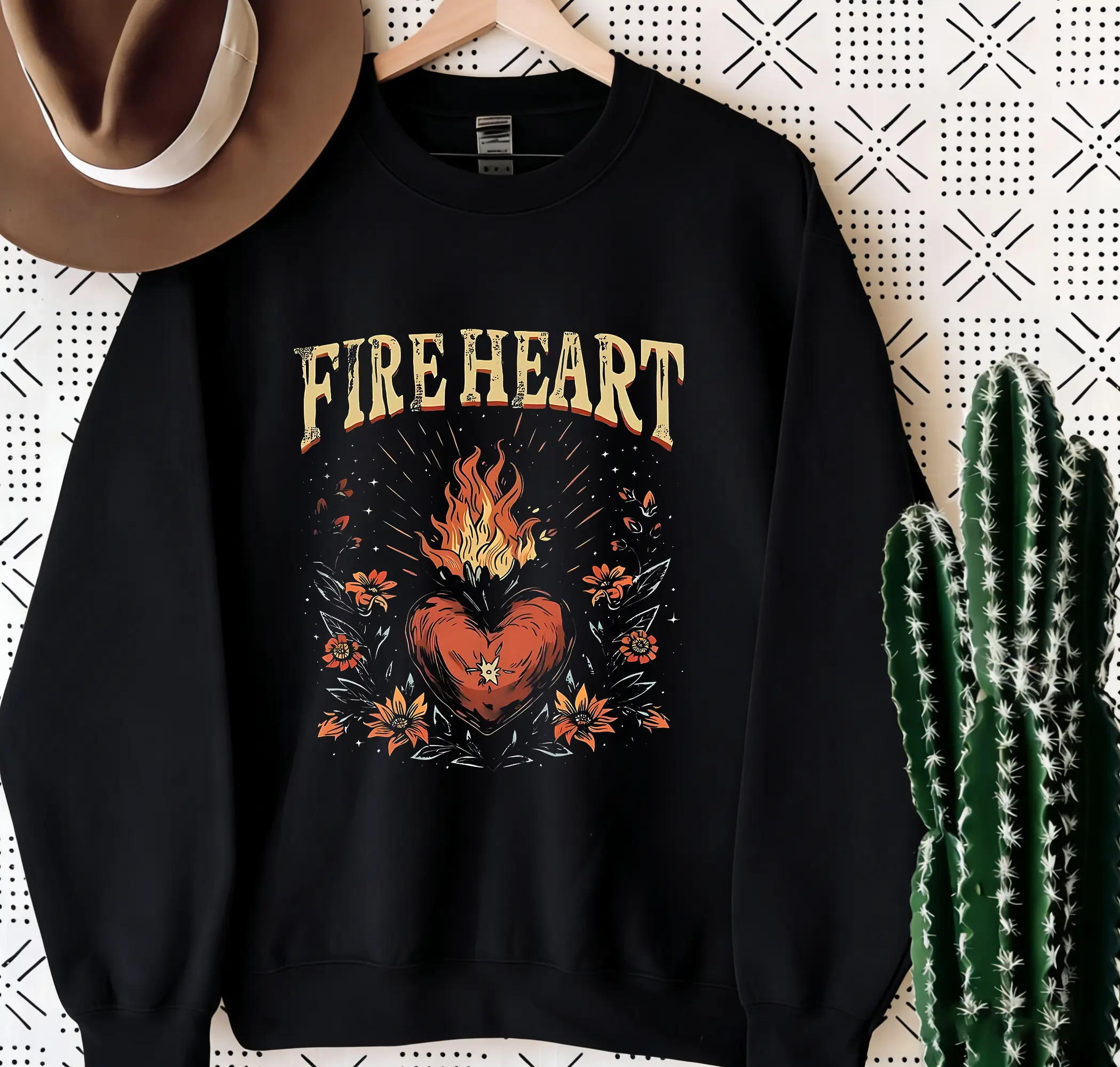 Women's Fitted Graphic Fire Heart Sweatshirt - Solid, Breathable, Comfortable Fabric Retro Bold Statement Pullover, Long Sleeve Top for Daily Wear & Streetwear Outfits, Cotton