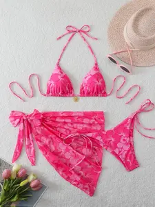Women's Sexy Backless Triangle Flower Print Wrapped Bikini Set, Mesh Apron & Self-Bound Side Swimsuit, Perfect for Summer Beach Vacation, Floral Print Bikinis, Beach Bikinis