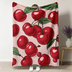 Red Cherry Print Throw Blanket, Soft Flannel Fleece Blanket, Warm Breathable Napping Blanket for Home, Office and Travel, Cozy Bedroom Decor, Soft Blanket, Soft Comfy Blanket