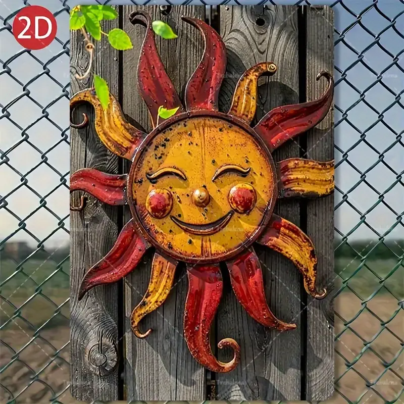 1pc 8x12in Cast Iron Rustic 2D Flat Sun Wall Art - Weather-Resistant Metal Hanging with Vibrant Yellow & Red Rays, Outdoor Garden Patio Decor, Home Wall Plaque & Sign