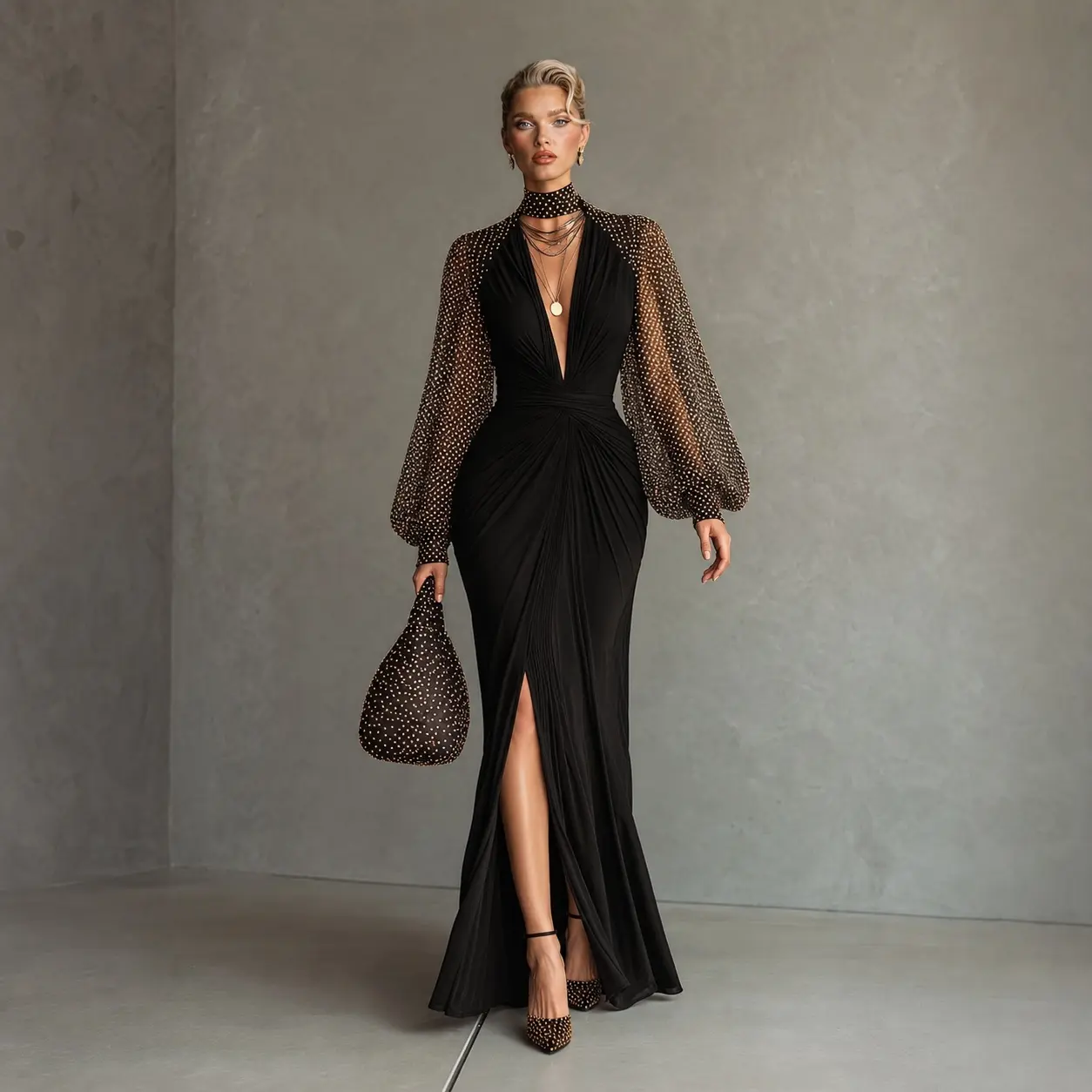 LikeMyChoice Black Deep V Ruched Maxi Gown Polka Dot Sheer Puff Sleeve High Slit Formal Party Dress Evening Dress for Women