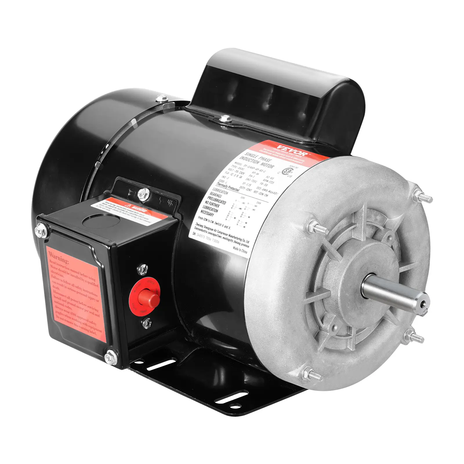 VEVOR 0.75HP Single-Phase AC Electric Motor - 1725 rpm, 115V/230V, 56 Sturdy Frame, 5/8" Keyed Shaft, 12A/6A, 60Hz, Dual Rotation Direction, Full Load, Overload Protection, CSA Tested, for Air Compressors, DIY Projects, General Equipment Repairs, Ac Power