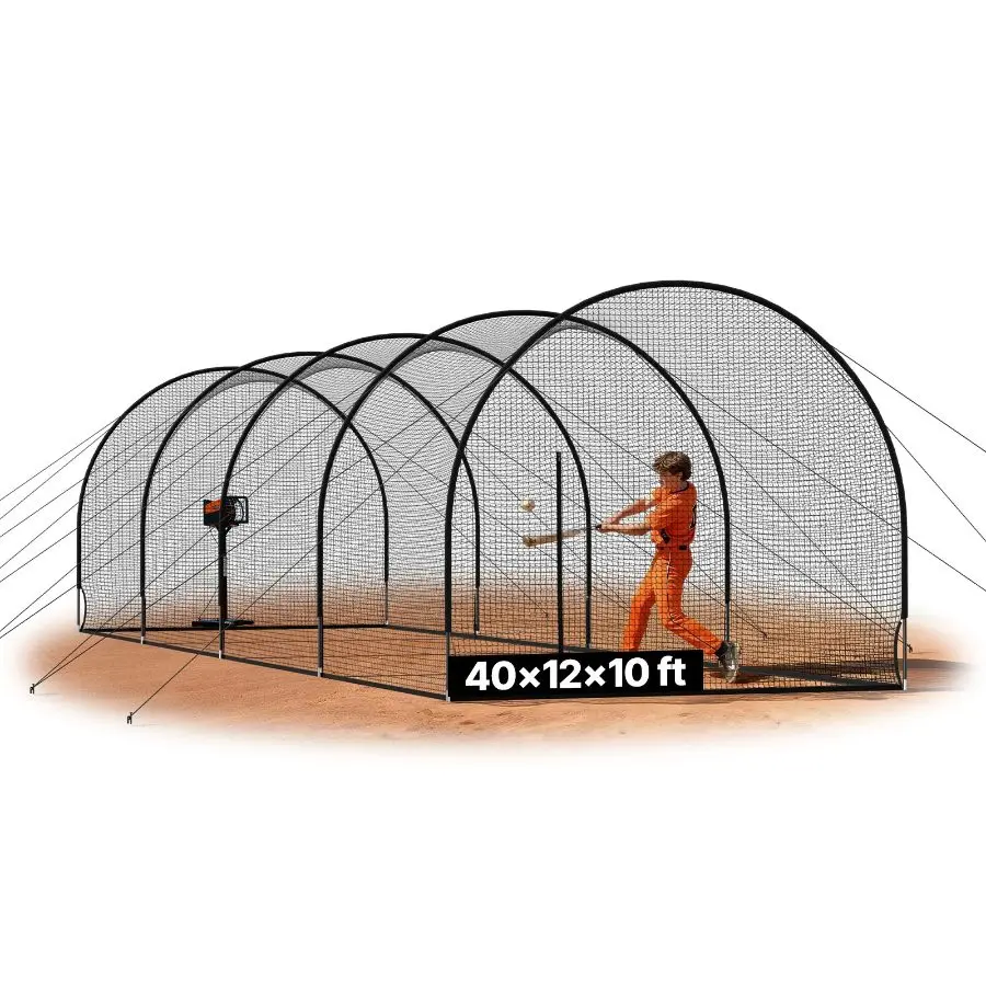 【Summerfinds】 Freestanding Portable Baseball Batting Cage, 40.0x12.1x10.0 FT Batting Practice & Training Equipment with 4-Ply Knotless Polyester Netting, Pitching Machine Opening, Ground Stakes for Portable Setup, Indoor/Outdoor Use, Batting Practice