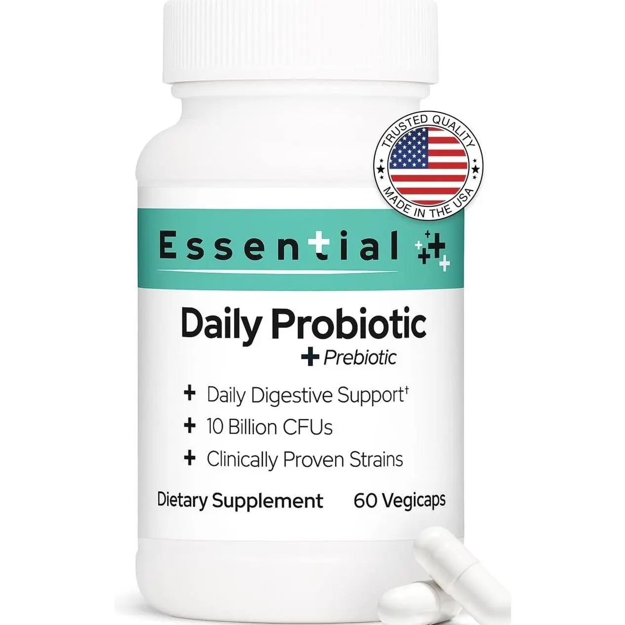 Brookfield Pharmaceuticals Essential Daily Probiotic for Men and Women 10 Billion CFU, 60 Vegicaps Men Probiotics for Digestive Health with Prebiotics & 2 Strains, Probiotic Supplement for Gut Health