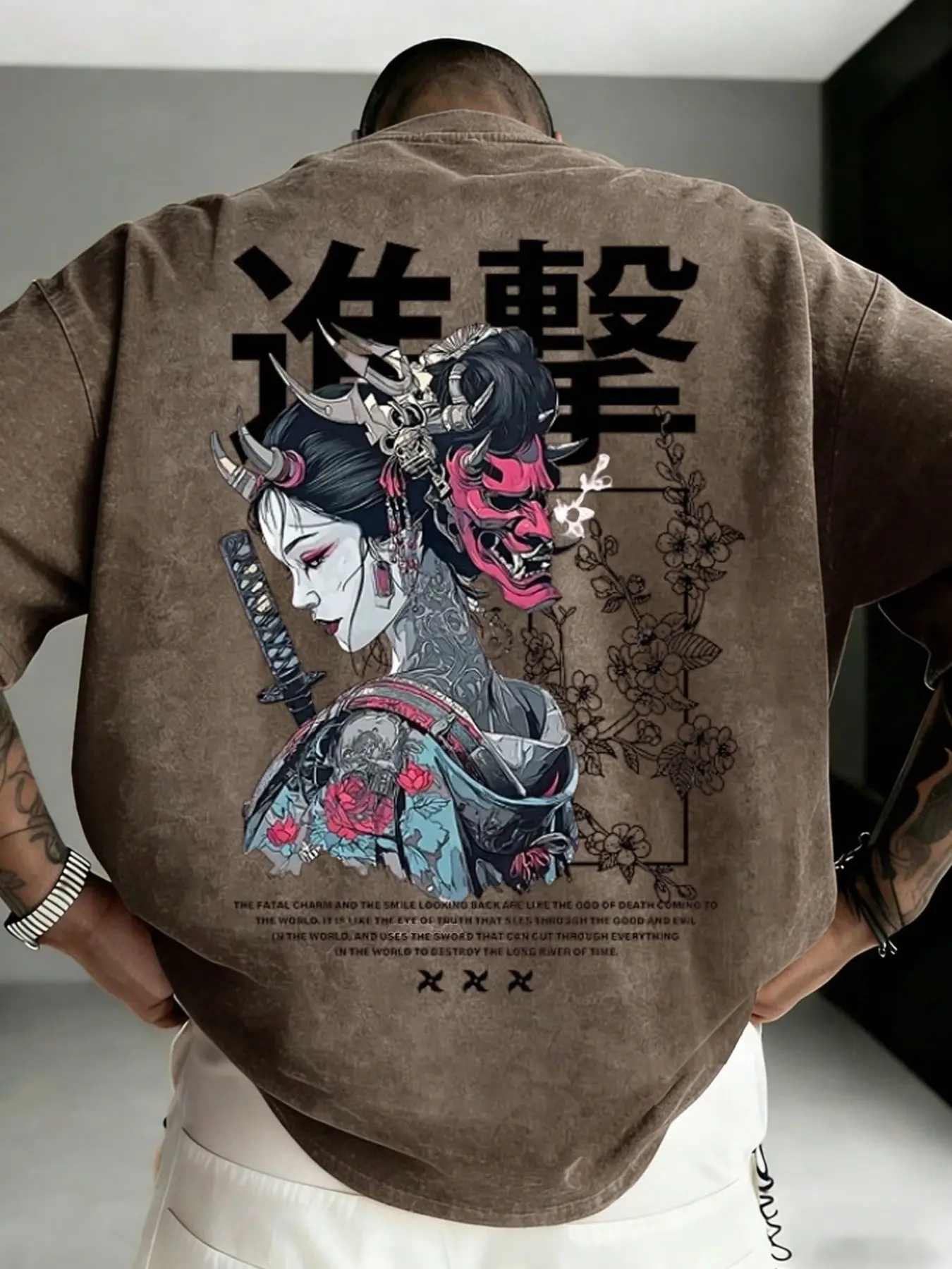 Men's Washed Cotton Anime Warrior Shirt, Breathable Pure Cotton Geisha & Samurai Sword Graphic Print Round Neck Crewneck Top, Casual Streetwear Classic Daily Wear, Casual Summer Clothing, Casual Street Style