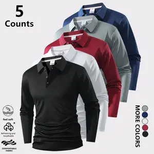 Men's Long-Sleeve Polo Shirt Pack of 5 Casual Business Style Versatile Solid Color Collared Top 100% Polyester Fiber for Daily Commuting & Casual Party Wear Formal Classic