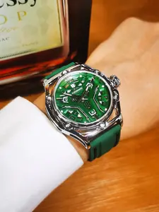 1pc Fashion Sport Skeleton Automatic Mechanical Watch for Men Luminous Hands Green Silicone Strap Business Casual Wristwatch Gift with Box Luminous Analog Watch Mechanical Style Watches