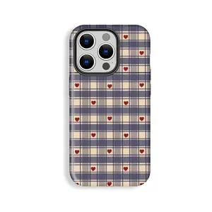 Vintage Love Blue Striped Checkered Smartphone Cellphone Case, Protective Cover Shell Accessory Compatible with iPhone 11/12/13/14/15/16/17 Pro, ProMax, Plus, Air