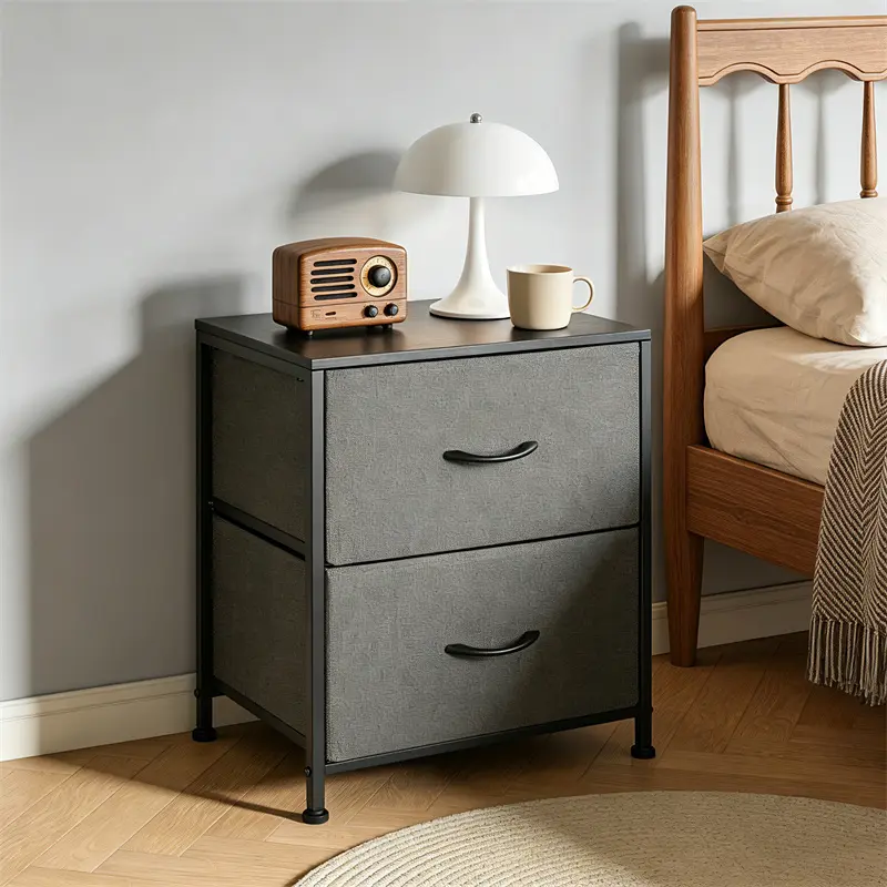 2-Drawer Modern Nightstand Bedside Table with Wooden Top - Fabric Bin Dresser, Bed Side Tables for Bedroom, College Dorm