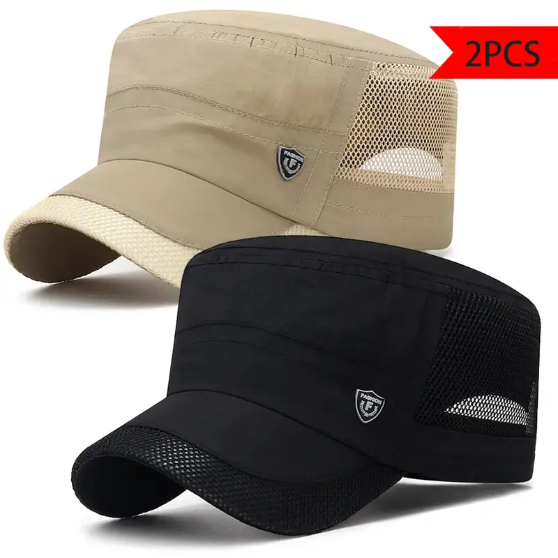 2PCS Adults' Mesh Military Flat Top Cap, Quick Dry Short Bill Breathable Cadet Hats (Black+Khaki, Dark Gray+Light Gray) for Summer Outdoor Fishing, Hiking, Daily Wear