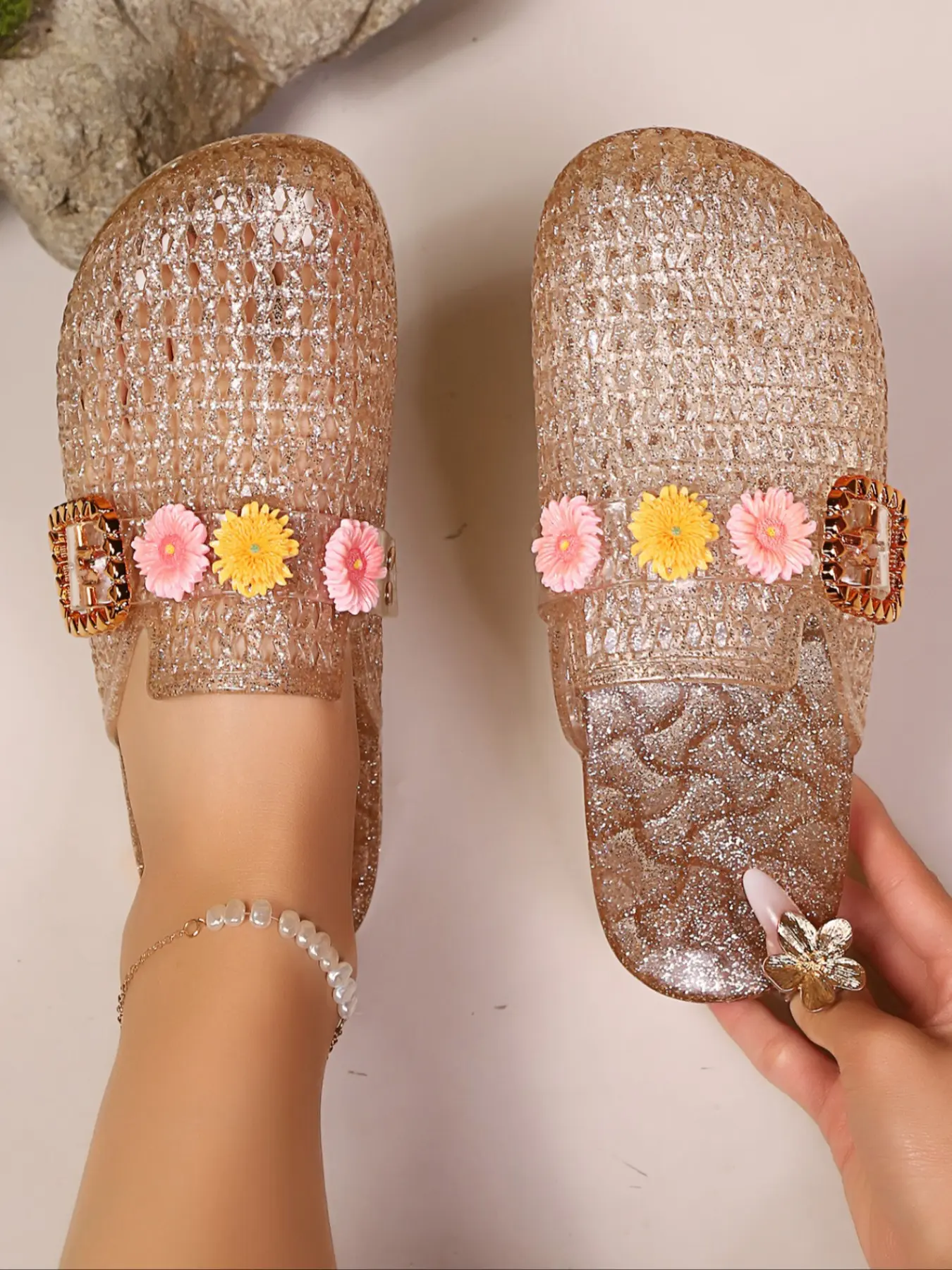 Women's Summer Crystal Transparent Open-Toe Slippers, Summer Slides, Fashionable Outdoor Home Sandals, Princess Style Half Slipper Shoes, Open Toed Slippers, Footwear