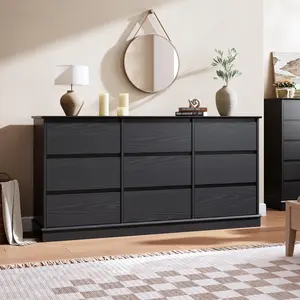 Garvee 9 Drawer Dresser for Bedroom and Living Spaces, Large Chest with Deep Drawers, Wide Top Surface, Versatile Horizontal Wooden Storage for Closet, Hallway, and More, Black Finish