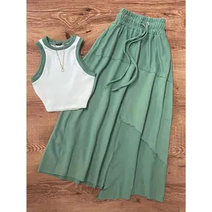 Color Block Two-Piece Skirt Set — sleeveless crew-neck tank top paired with a drawstring-waist A-line skirt; women’s clothing, casual basic minimalist set, white/green
