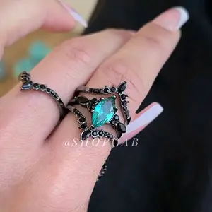 Teal Gothic Marquise Ring Stack Set - Gunmetal (3 Piece Set) Statement Multi Ring Stacking Ring Set