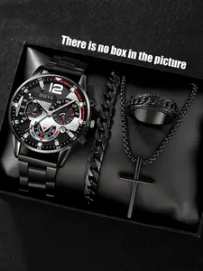 Men's Business Fashion Quartz Watch & Jewelry Set, Including Round Dial Watch & Bracelet & Ring & Necklace, Trendy Watch Set for Men As Gift