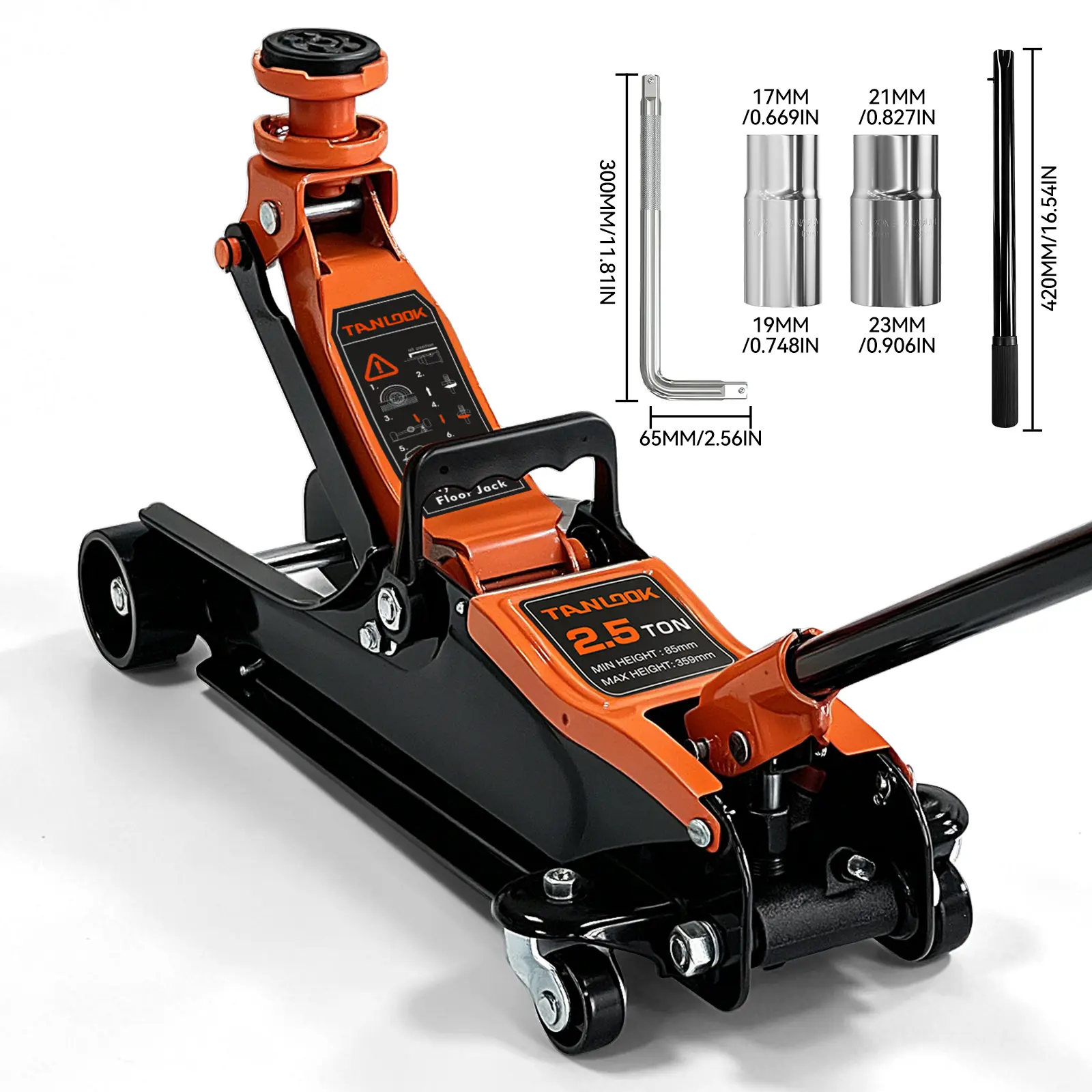 TANLOOK 2.5-Ton Hydraulic Floor Jack, Low Profile Portable Trolley Jack with 85mm-359mm Lifting Range, 17/19/21/23mm Sockets, Hydraulic Lift for Tire Change, Garage Repair