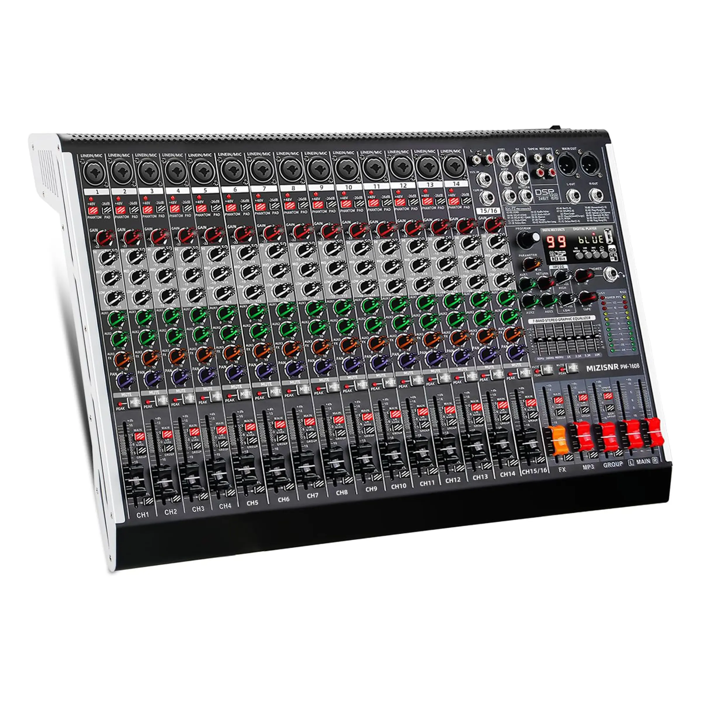 Professional 16-Channel Audio Mixer Sound Board - 99 DSP Effects, 7-Band EQ, Stereo, XLR Inputs, USB, Bluetooth MP3/Headphones Support, 48V Phantom Power, Independent Mute Buttons, Smartphone-Compatible Digital DJ Console for Recording, Parties, Headphone