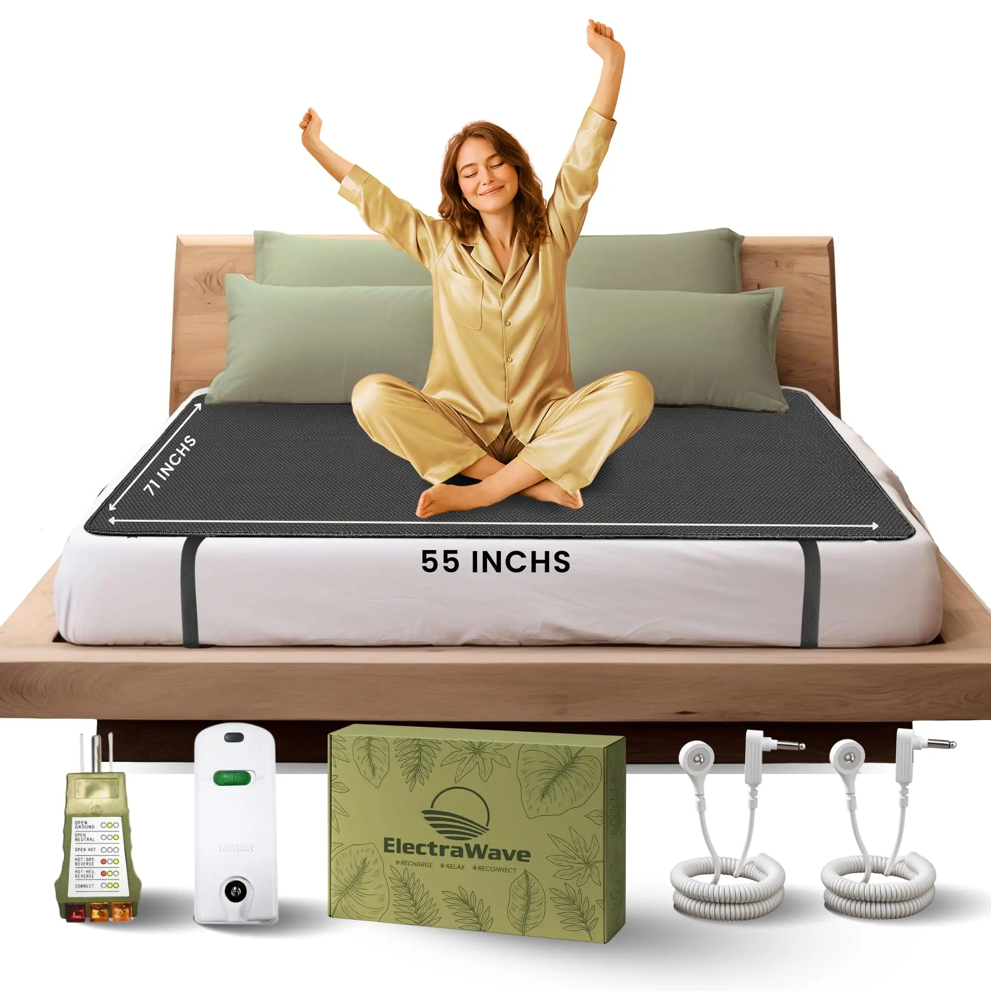 ELECTRAWAVE Grounding Mattress Cover Pad, Earth Connected Conductive Carbon Leatherette Grounding Sheets for Better Sleep, Relieve Pain, Reduce Inflamation